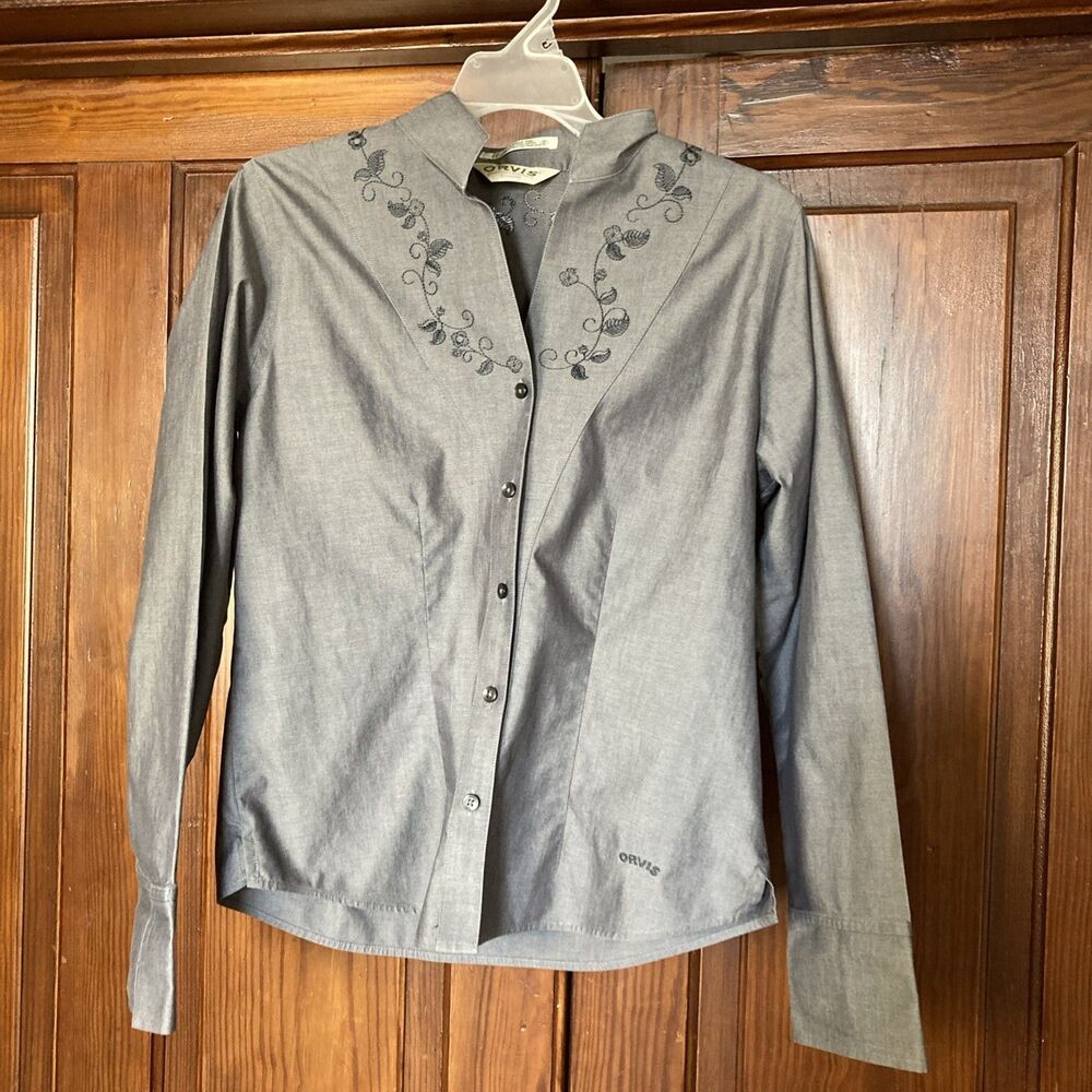 Orvis Women’s 100% Cotton Wrinkle Free Grey Embroidered Button Western Top 6